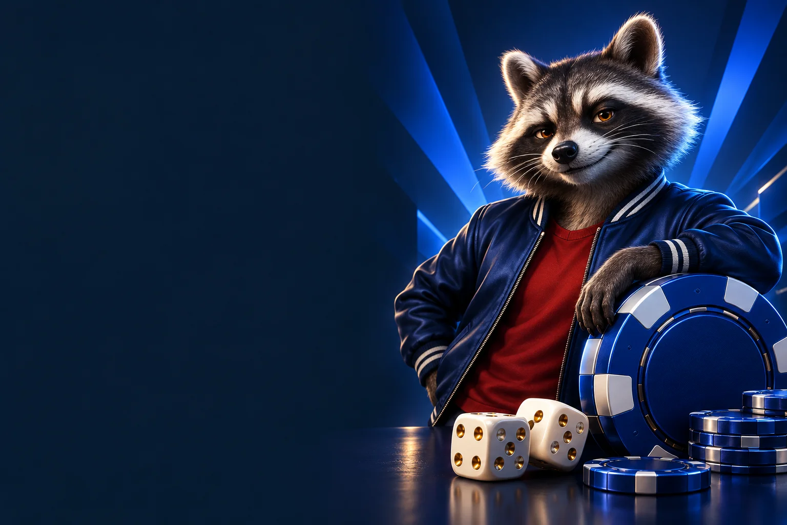 Spin raccoon with blue casino chips and dice